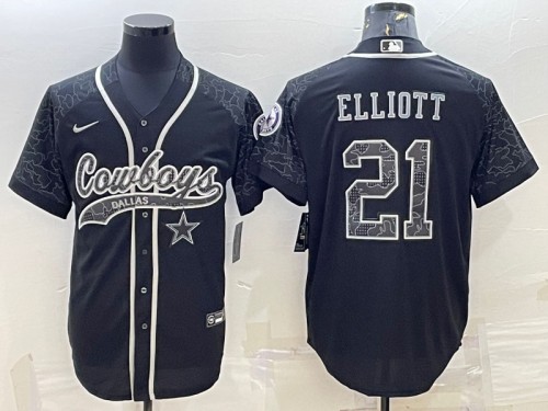 Men's Dallas Cowboys #21 Ezekiel Elliott Black Reflective With Patch Cool Base Stitched Baseball Jersey - Click Image to Close